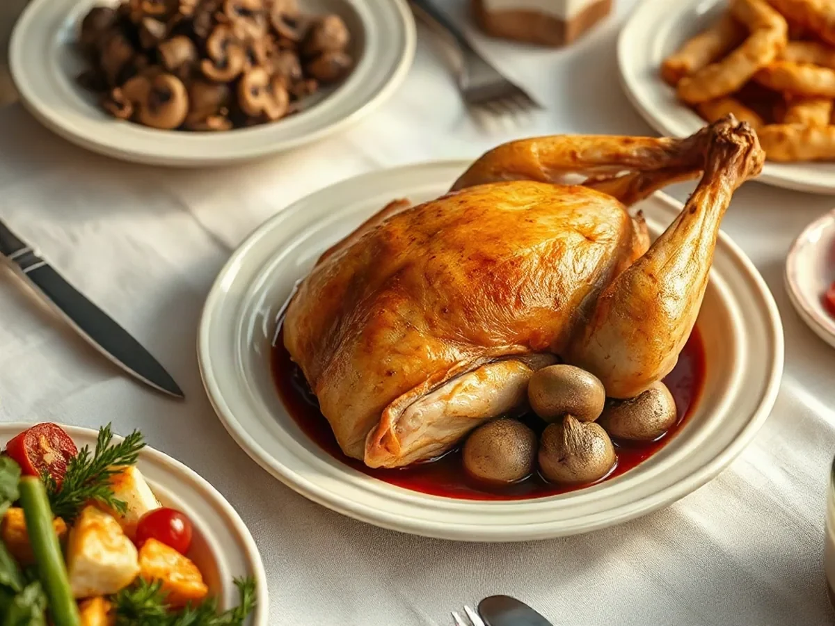 Volaille dorée, champignons et jus au vin rouge, illustration éditoriale